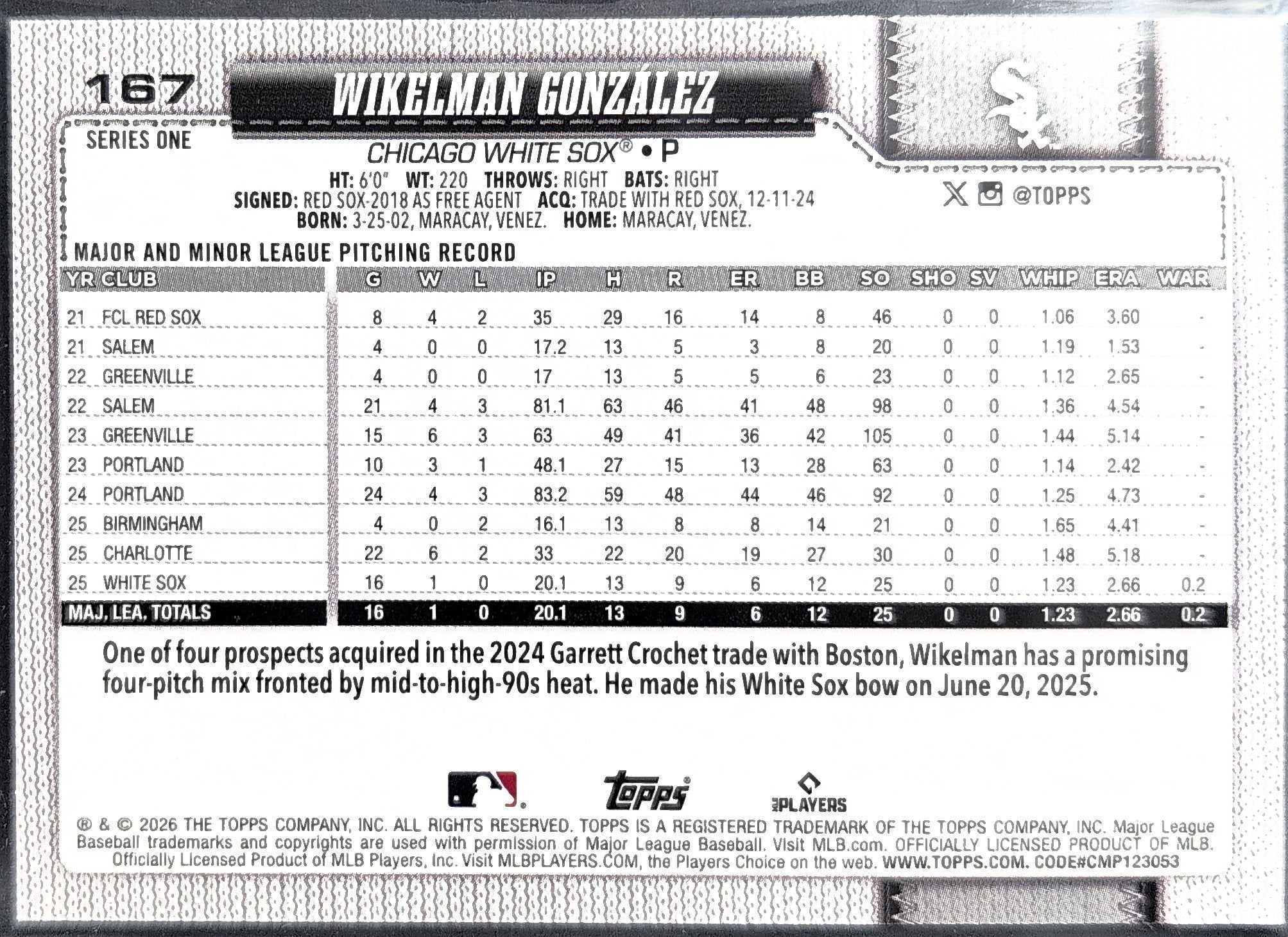 Wikelman Gonzalez 2026 Topps #167 Rainbow Foil Rookie RC Chicago White Sox - back image