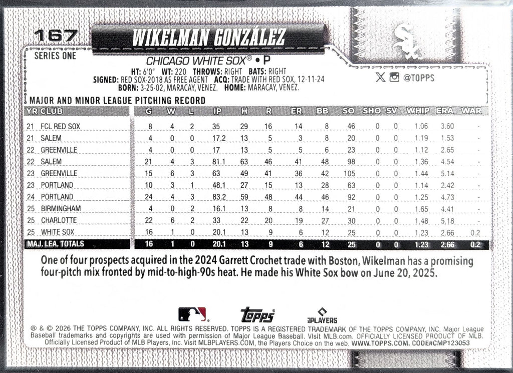 2026 Topps Wikelman Gonzalez #167 Rainbow Foil RC Chicago White Sox back