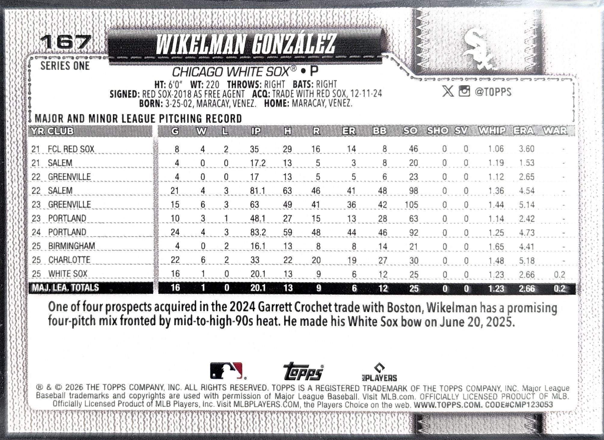 2026 Topps Wikelman Gonzalez #167 Rainbow Foil RC Chicago White Sox back