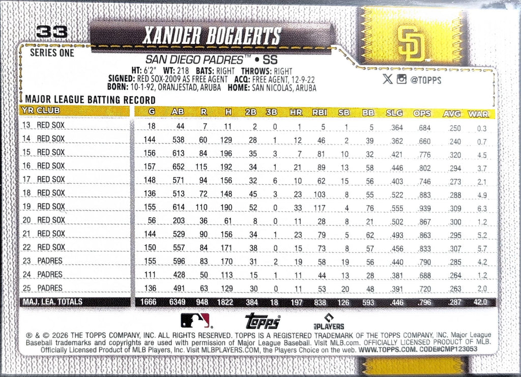 2026 Topps Xander Bogaerts #33 San Diego Padres back
