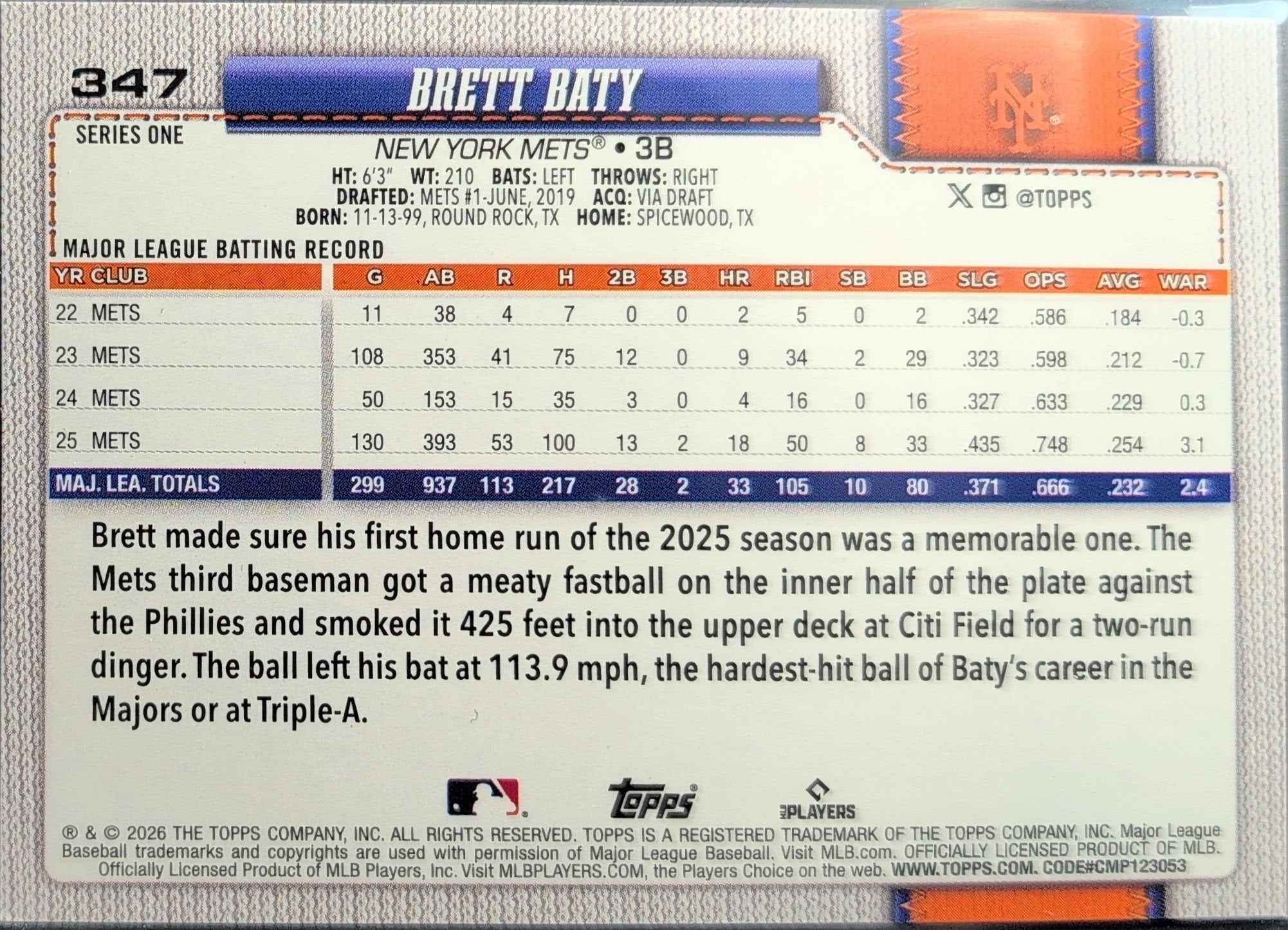 Brett Baty 2026 Topps #347 Sandglitter New York Mets - back image