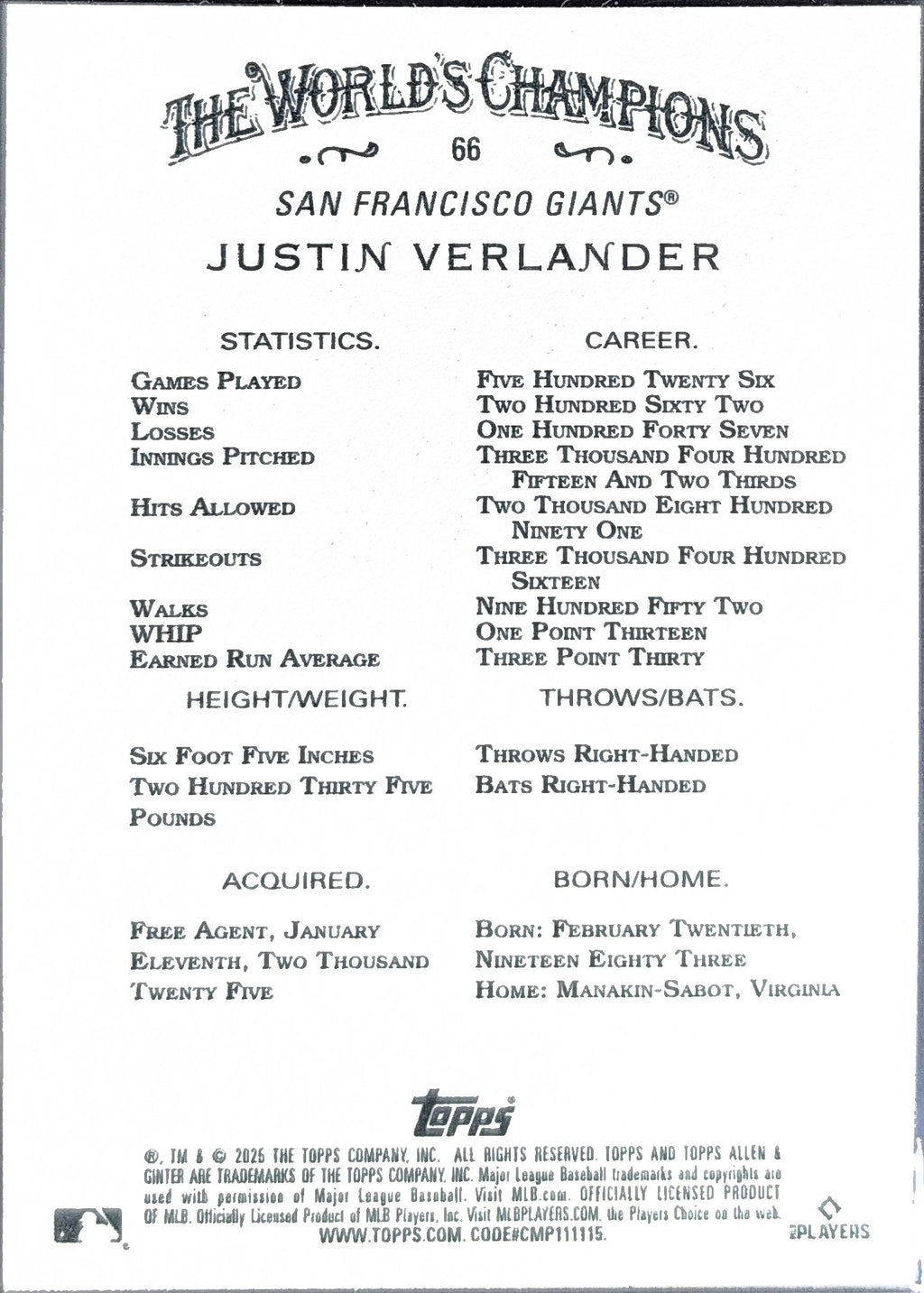 2025 Topps Allen & Ginter Justin Verlander #66 San Francisco Giants back