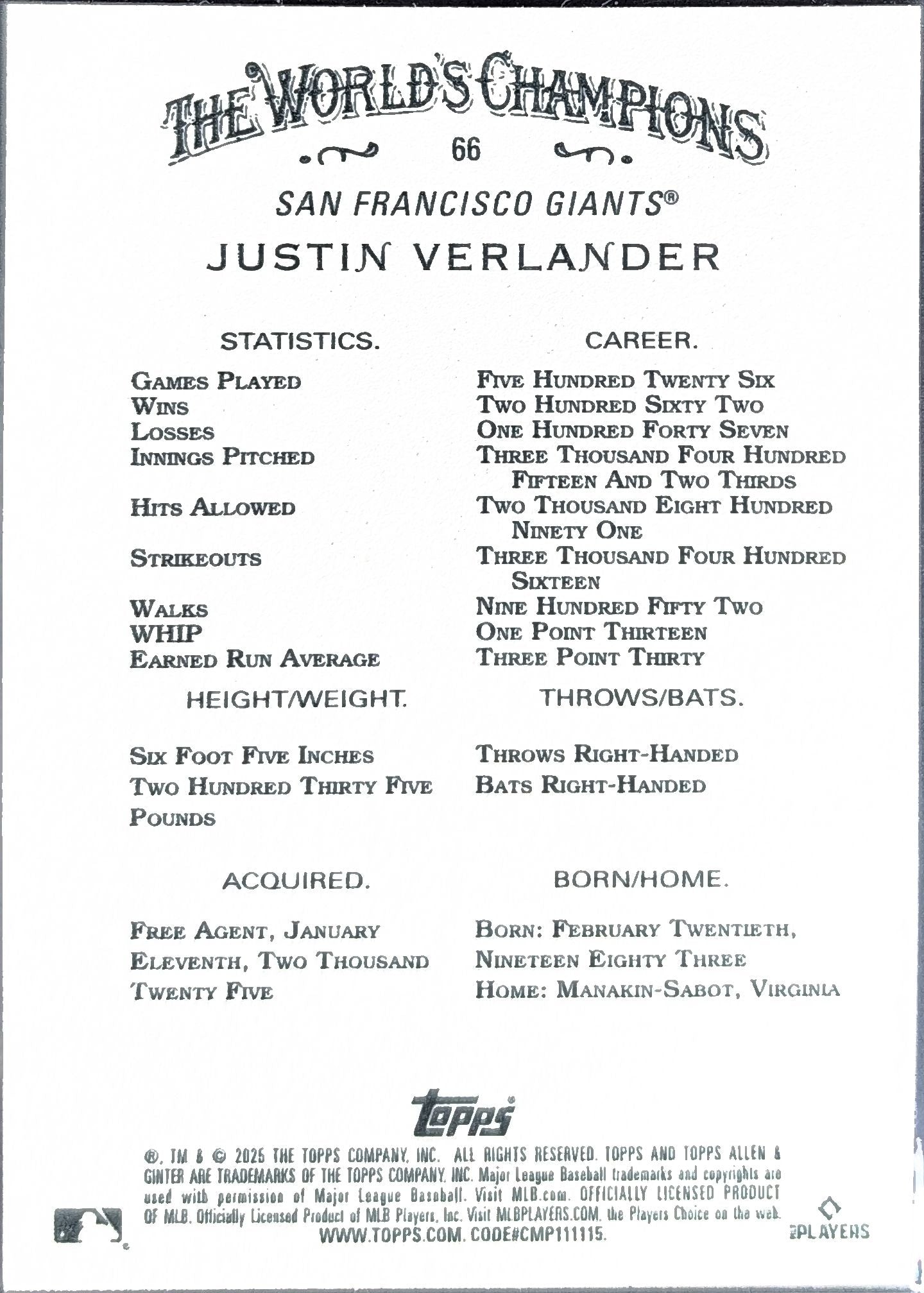 2025 Topps Allen & Ginter Justin Verlander #66 San Francisco Giants back