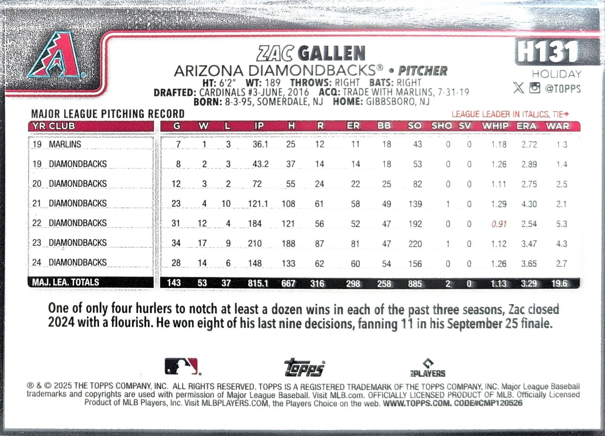 Zac Gallen 2025 Topps Holiday #H131 Silver Glitter Holiday Arizona Diamondbacks - back image
