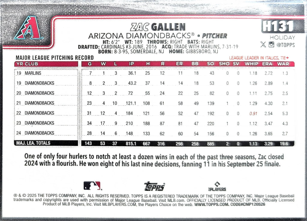 2025 Topps Holiday Zac Gallen #H131 Silver Glitter Holiday Arizona Diamondbacks back