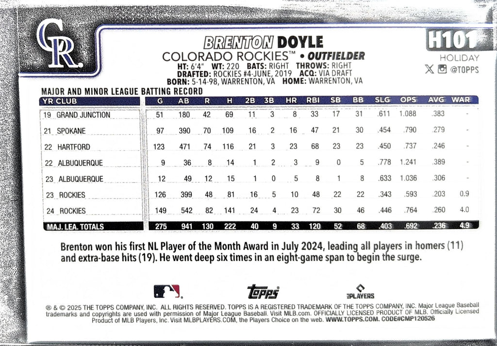 2025 Topps Holiday Brenton Doyle #H101 Silver Glitter Holiday Colorado Rockies back