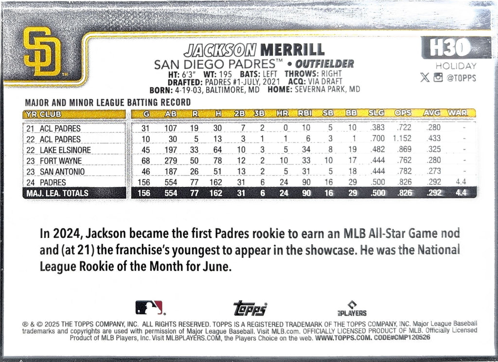 2025 Topps Holiday Jackson Merrill #H30 Green Holiday Plaid San Diego Padres back