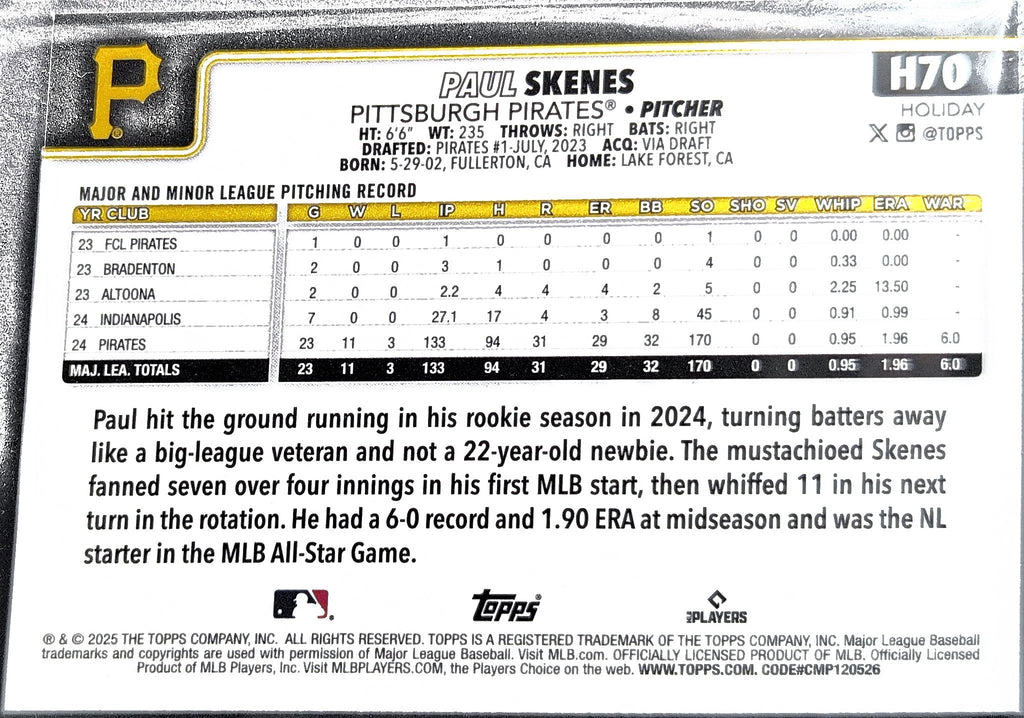 2025 Topps Holiday Paul Skenes #H70c Pittsburgh Pirates back