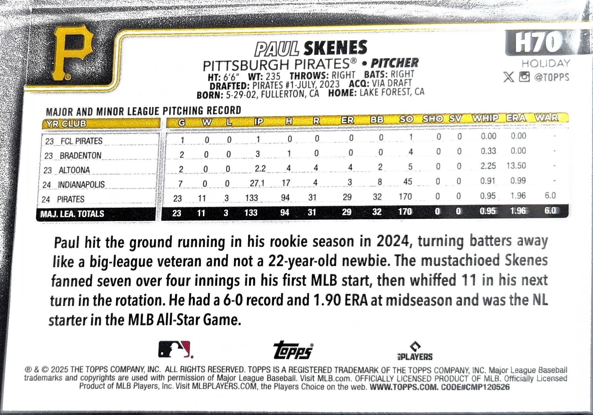 2025 Topps Holiday Paul Skenes #H70c Pittsburgh Pirates back