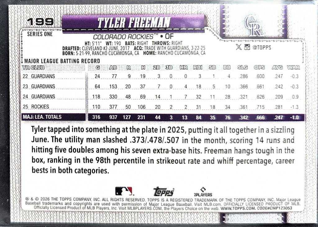 2026 Topps Tyler Freeman #199 Rainbow Foil Colorado Rockies back