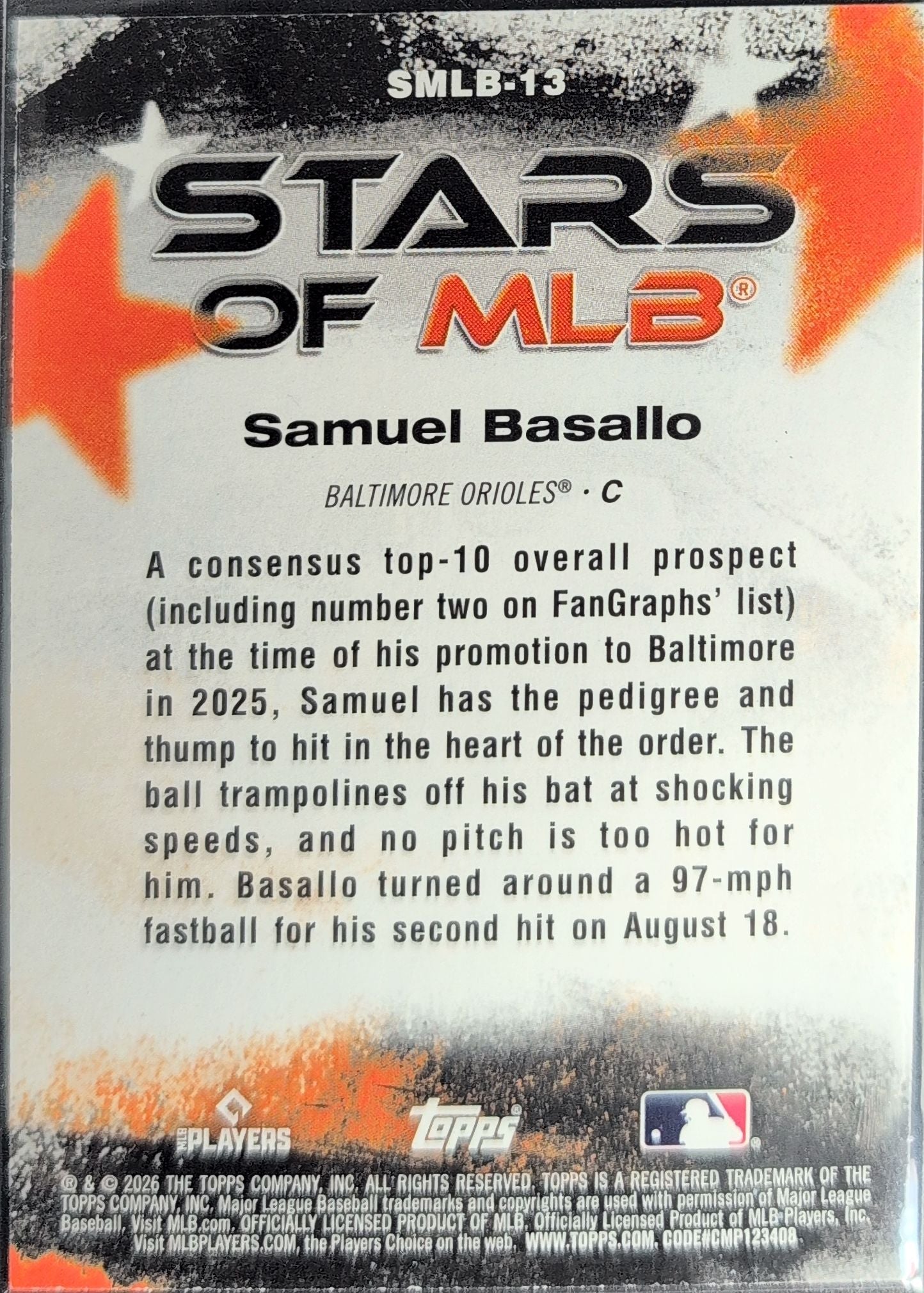 2026 Topps Samuel Basallo #SMLB-13 Stars of MLB Baltimore Orioles back