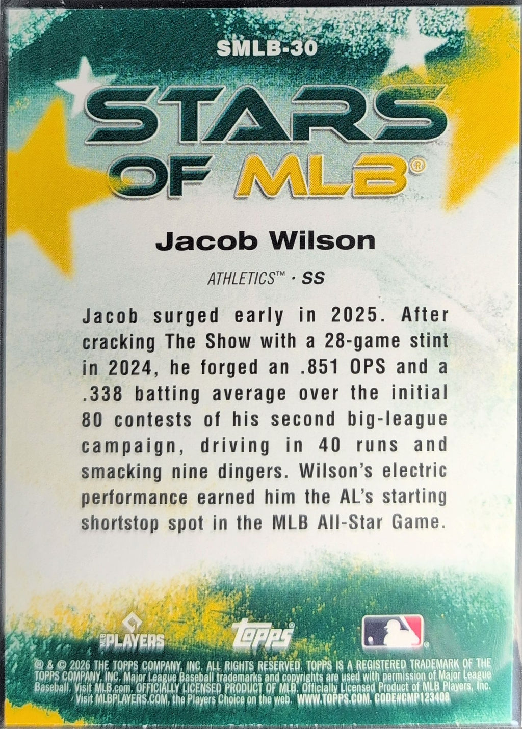 2026 Topps Jacob Wilson #SMLB-30 Stars of MLB Athletics back