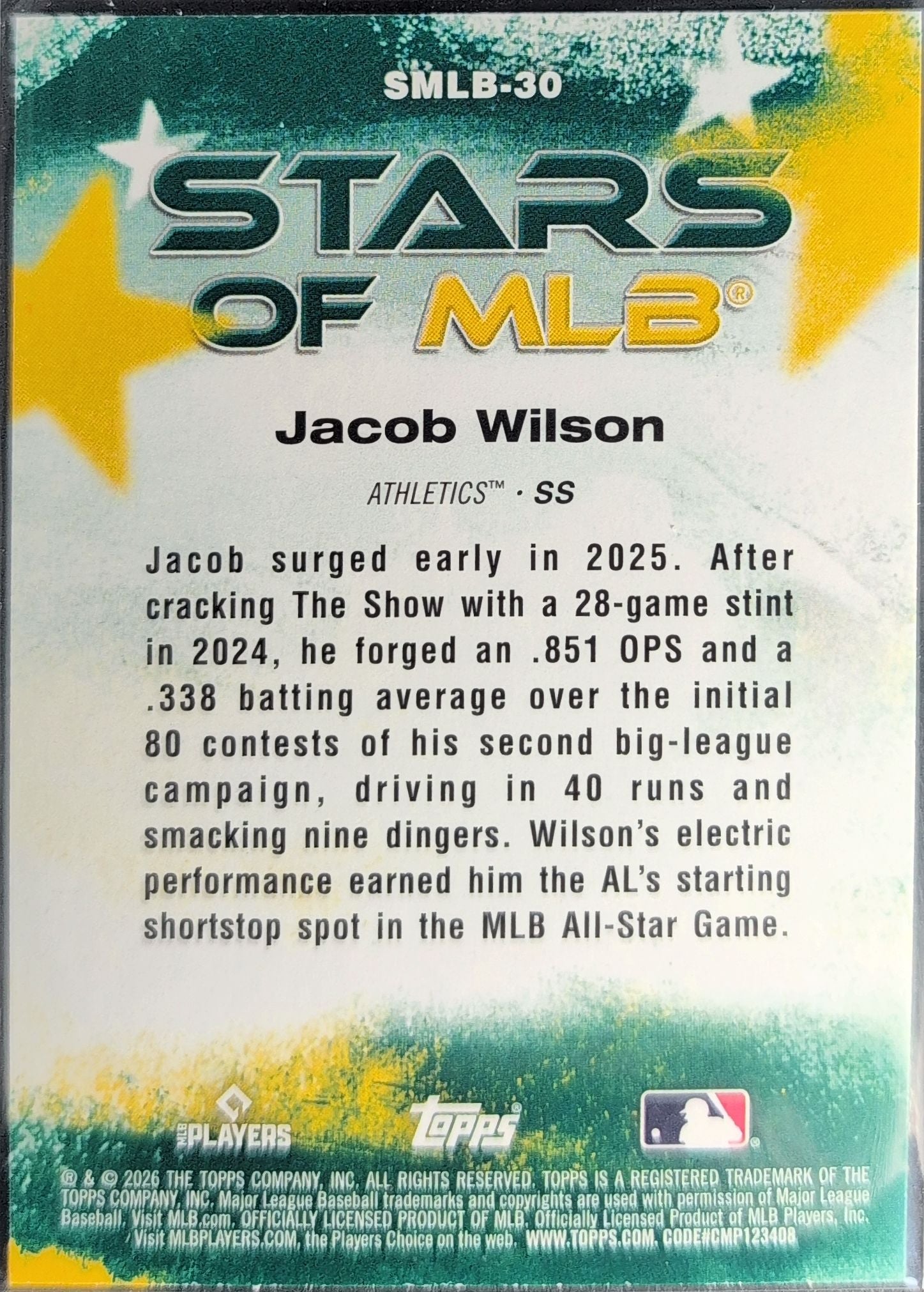 2026 Topps Jacob Wilson #SMLB-30 Stars of MLB Athletics back