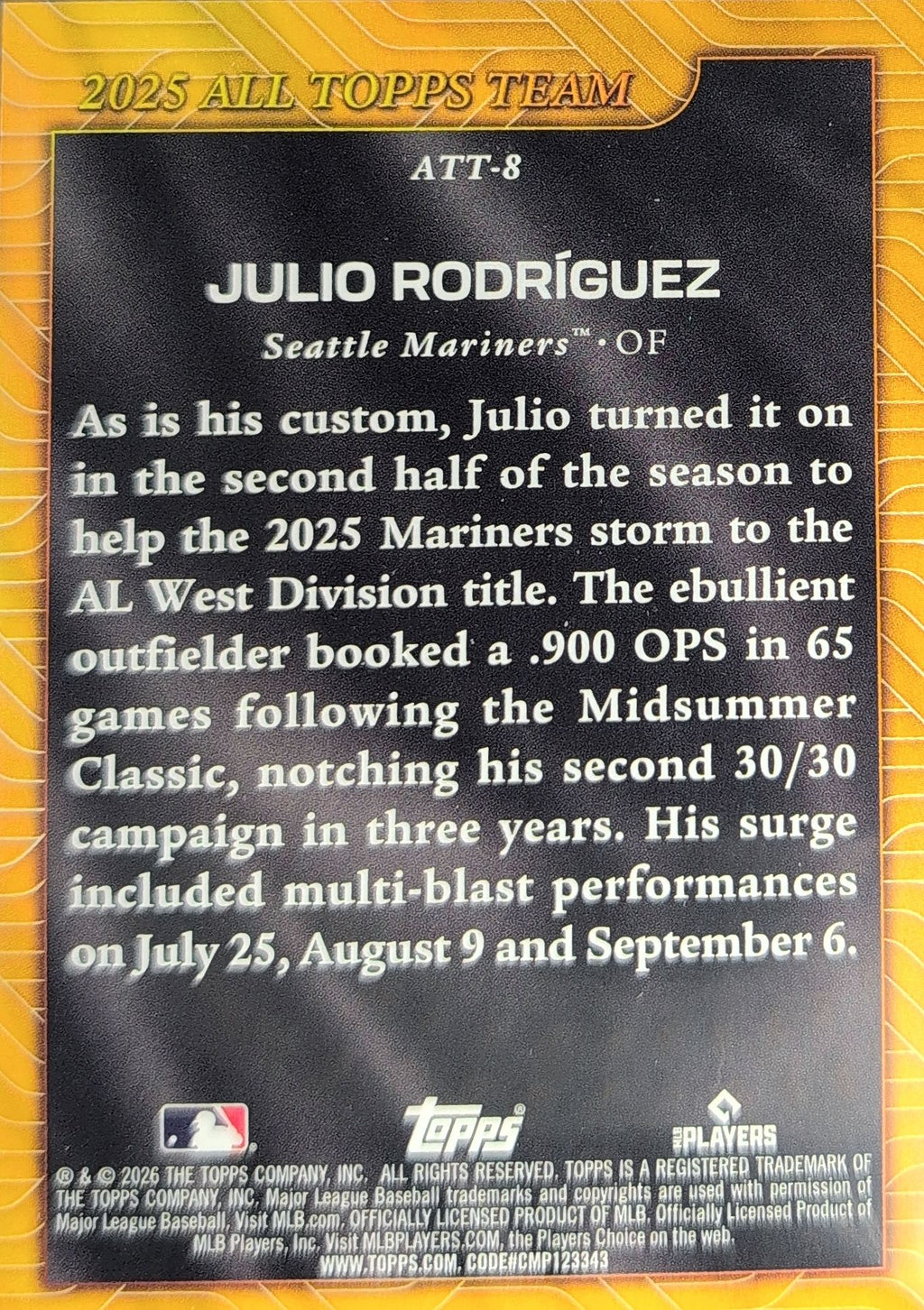 2026 Topps Julio Rodriguez #ATT-8 2025 All Topps Team Seattle Mariners back