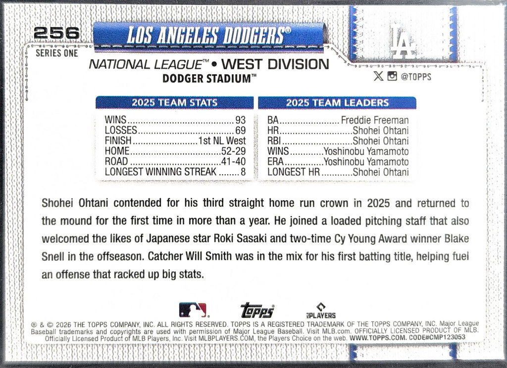 2026 Topps Los Angeles Dodgers #256 back