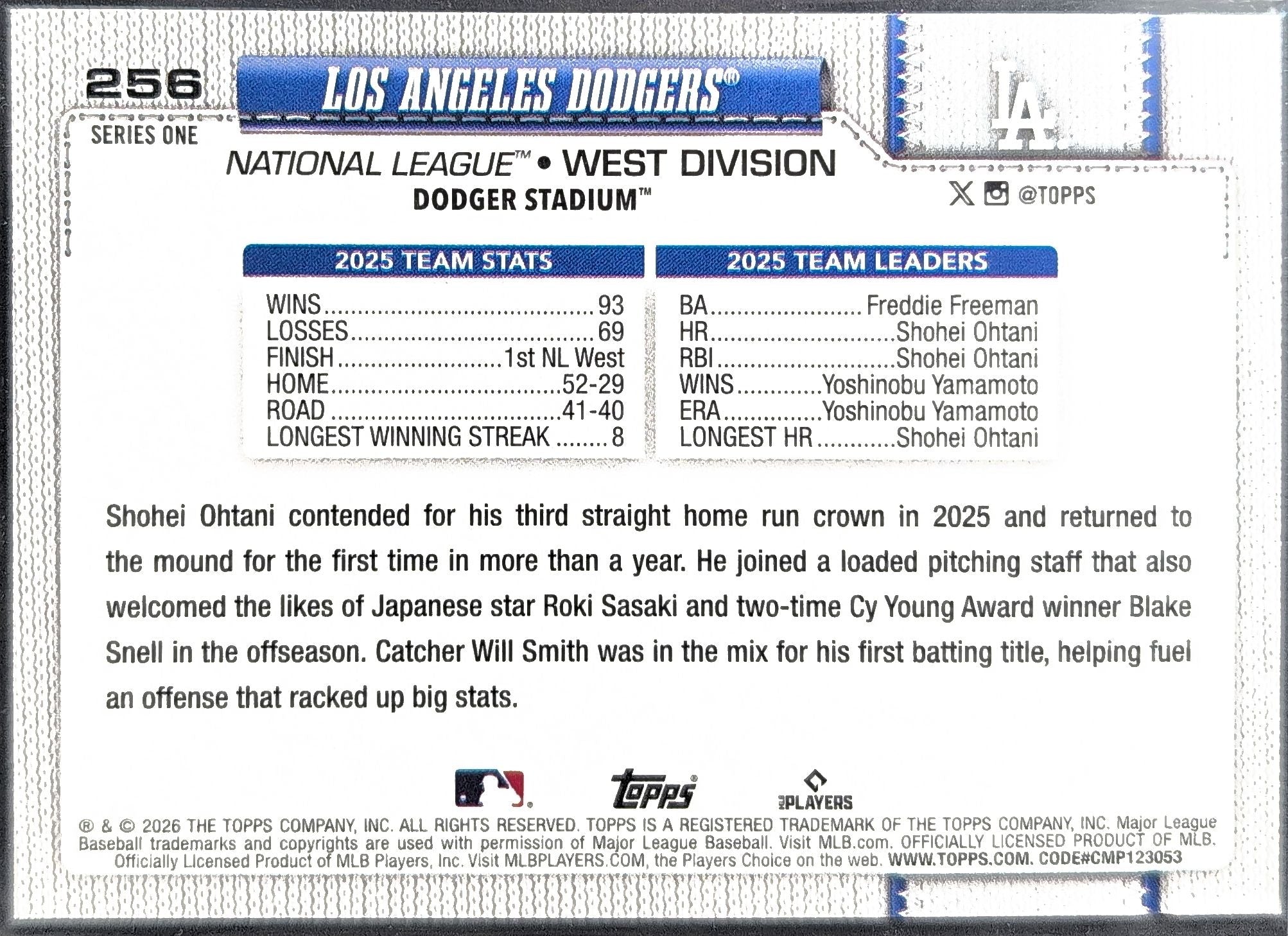 2026 Topps Los Angeles Dodgers #256 back