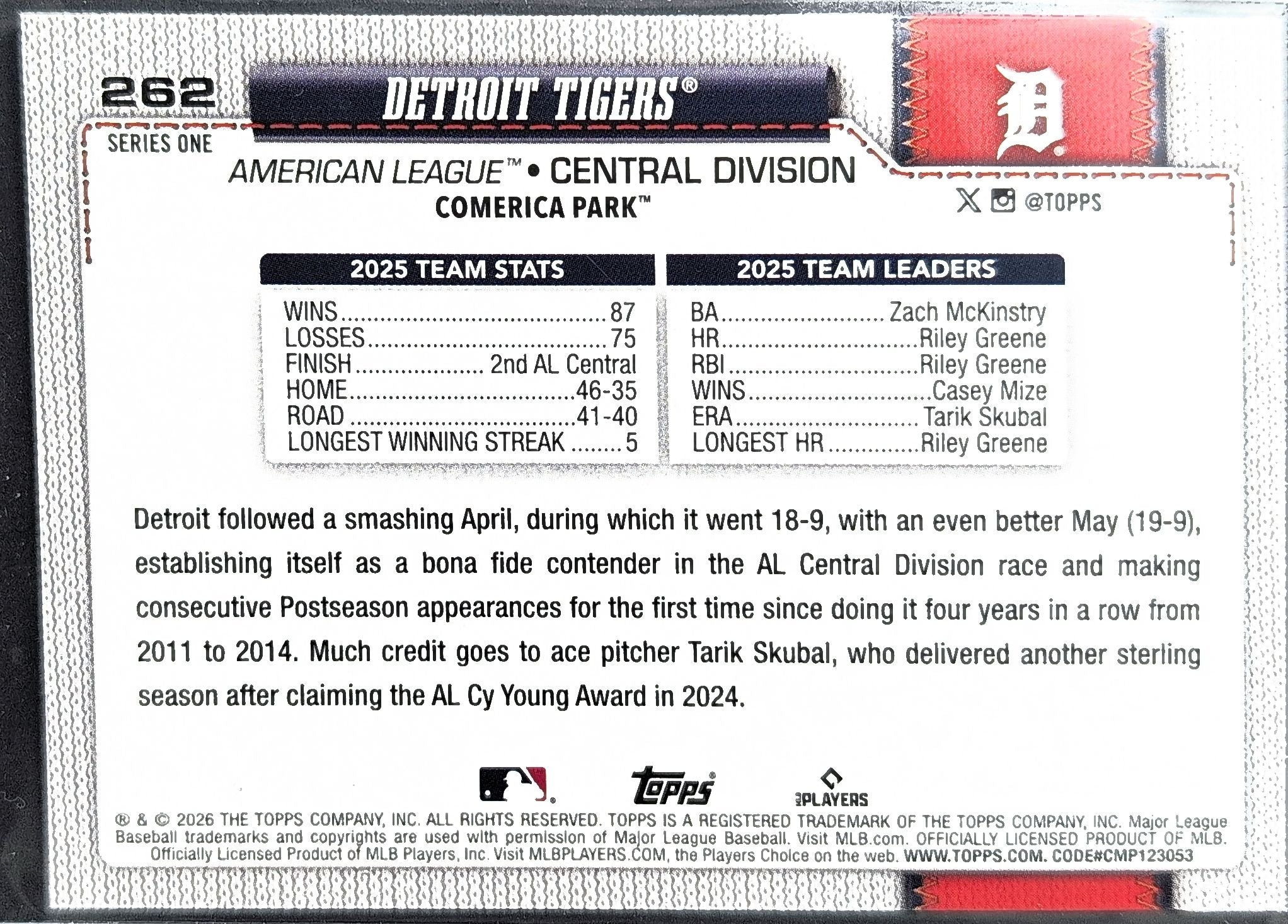 2026 Topps Detroit Tigers #262 Spring Training back