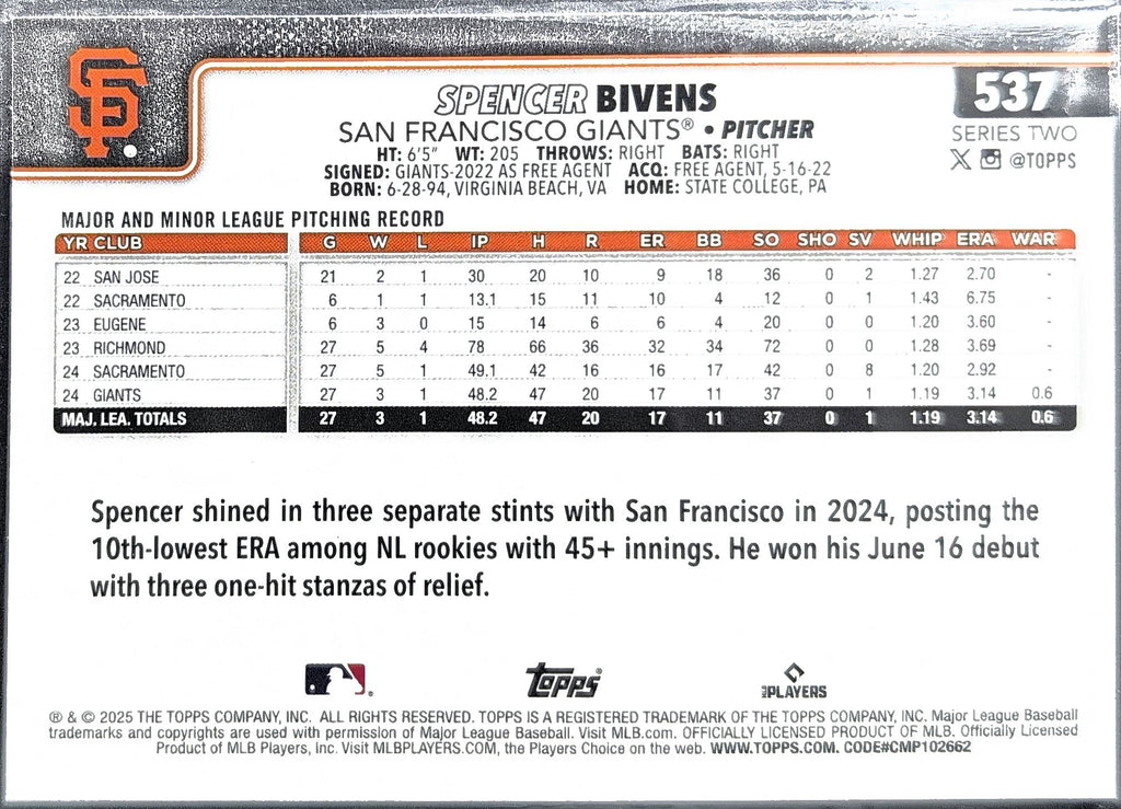 2025 Topps Spencer Bivens #537 RC San Francisco Giants back