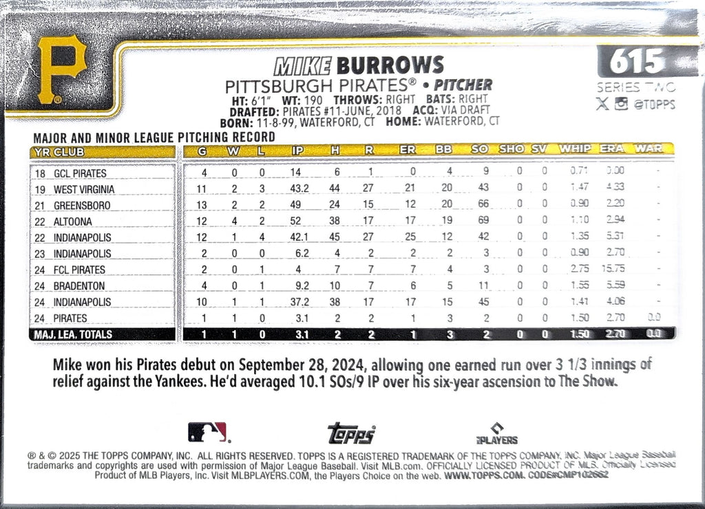 2025 Topps Mike Burrows #615 RC Pittsburgh Pirates back