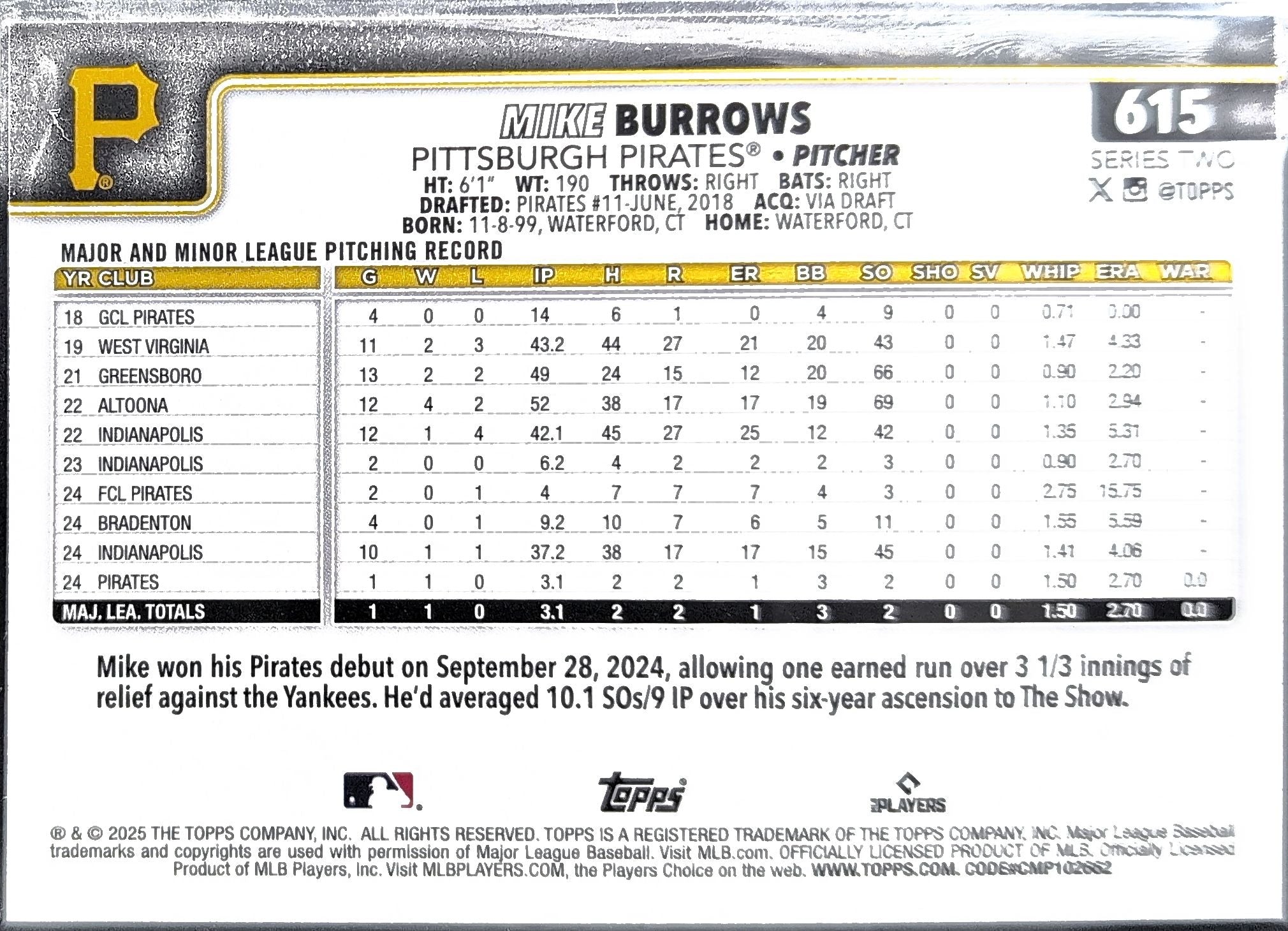 2025 Topps Mike Burrows #615 RC Pittsburgh Pirates back