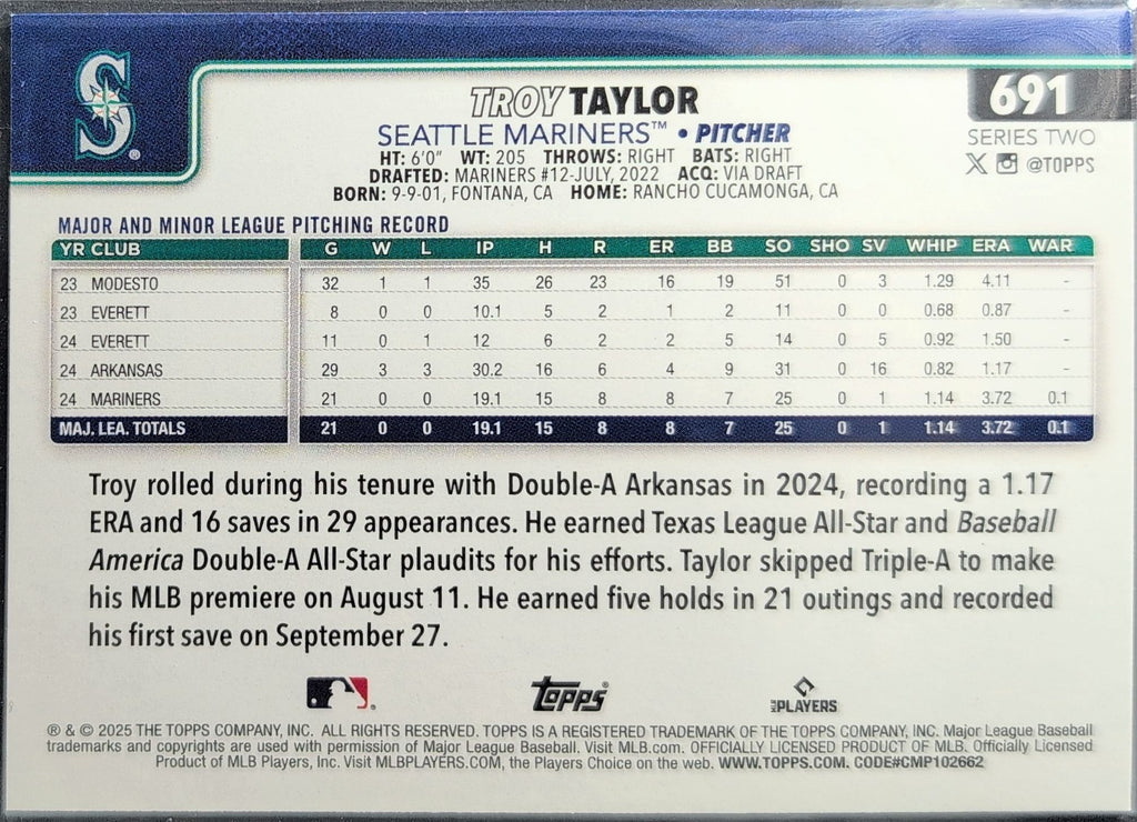 2025 Topps Troy Taylor #691 RC Seattle Mariners back