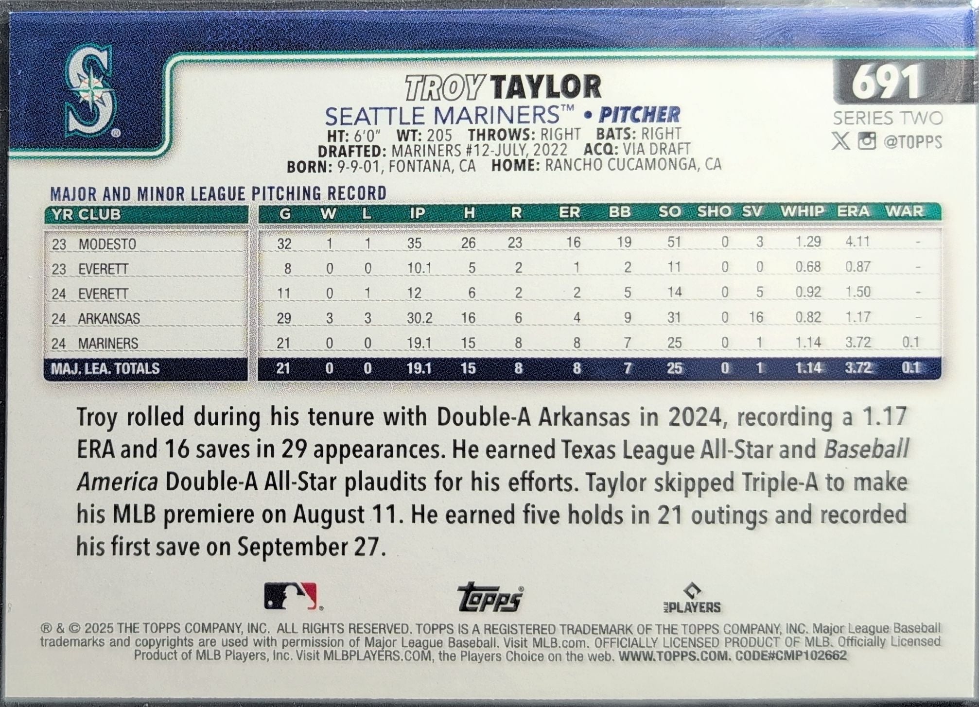 2025 Topps Troy Taylor #691 RC Seattle Mariners back