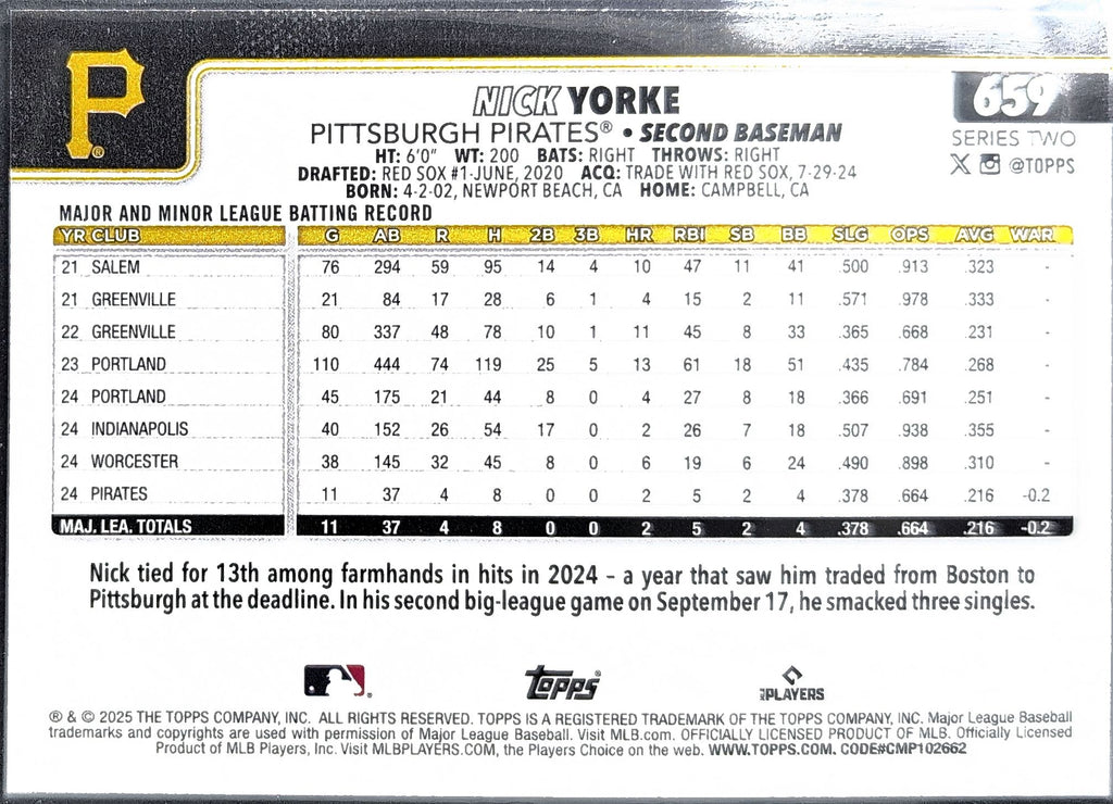 2025 Topps Nick Yorke #659 RC Pittsburgh Pirates back