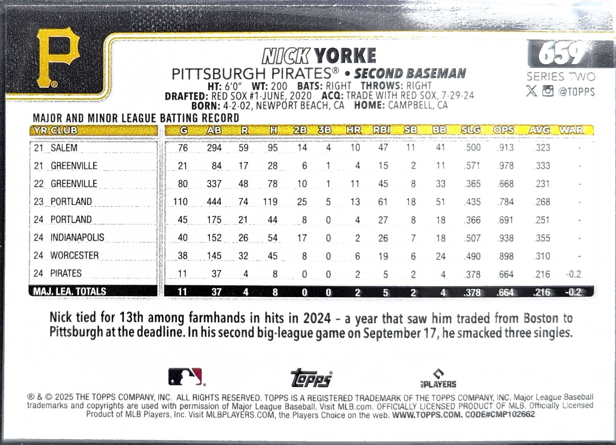 2025 Topps Nick Yorke #659 RC Pittsburgh Pirates back