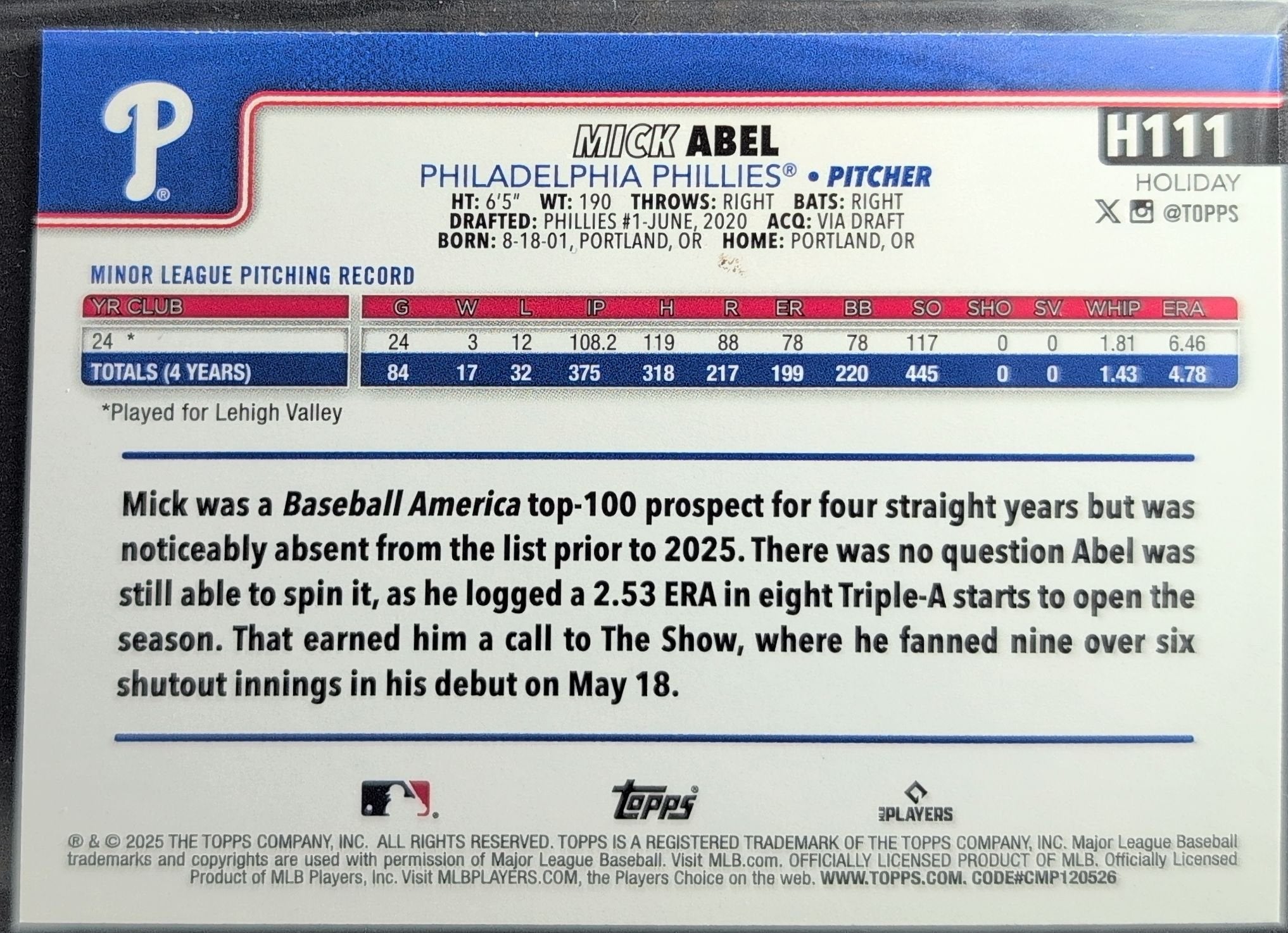 Mick Abel 2025 Topps Holiday #H111 Rookie RC Philadelphia Phillies - back image