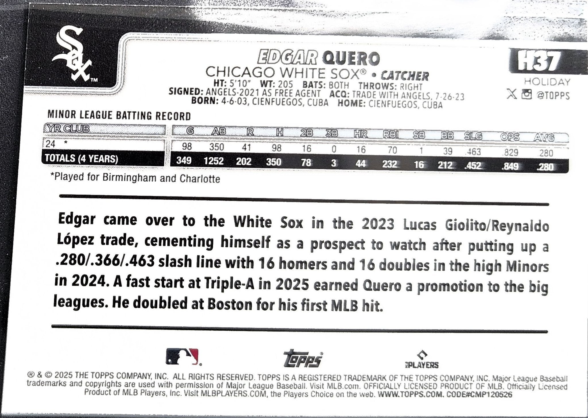 Edgar Quero 2025 Topps Holiday #H37 Silver Glitter Holiday Rookie RC Chicago White Sox - back image