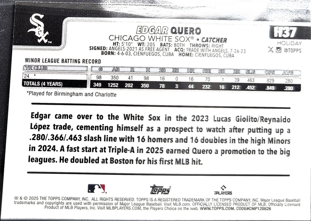 2025 Topps Holiday Edgar Quero #H37 Silver Glitter Holiday RC Chicago White Sox back
