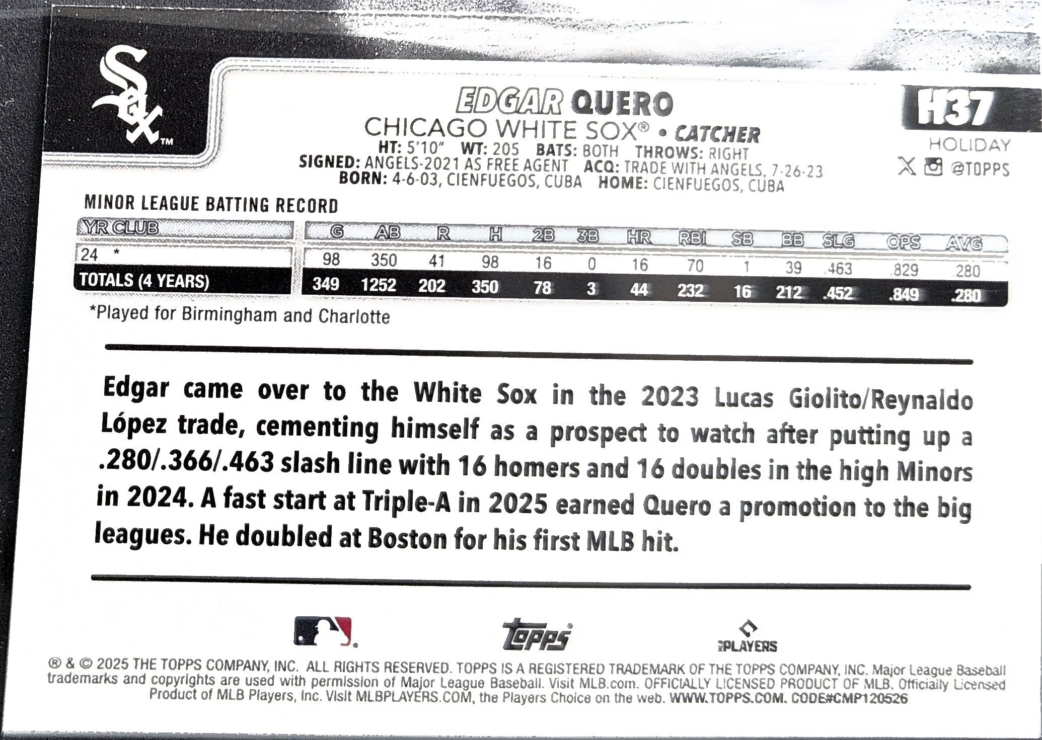 2025 Topps Holiday Edgar Quero #H37 Silver Glitter Holiday RC Chicago White Sox back