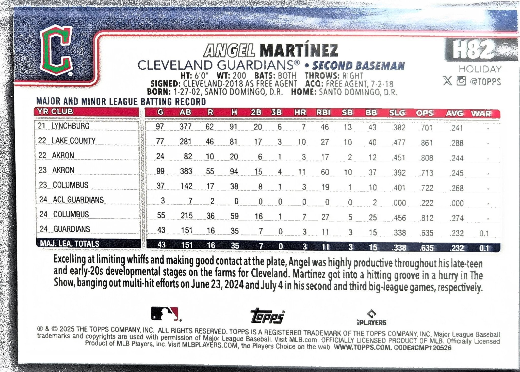 Angel Martínez 2025 Topps Holiday #H82 Rookie RC Cleveland Guardians - back image