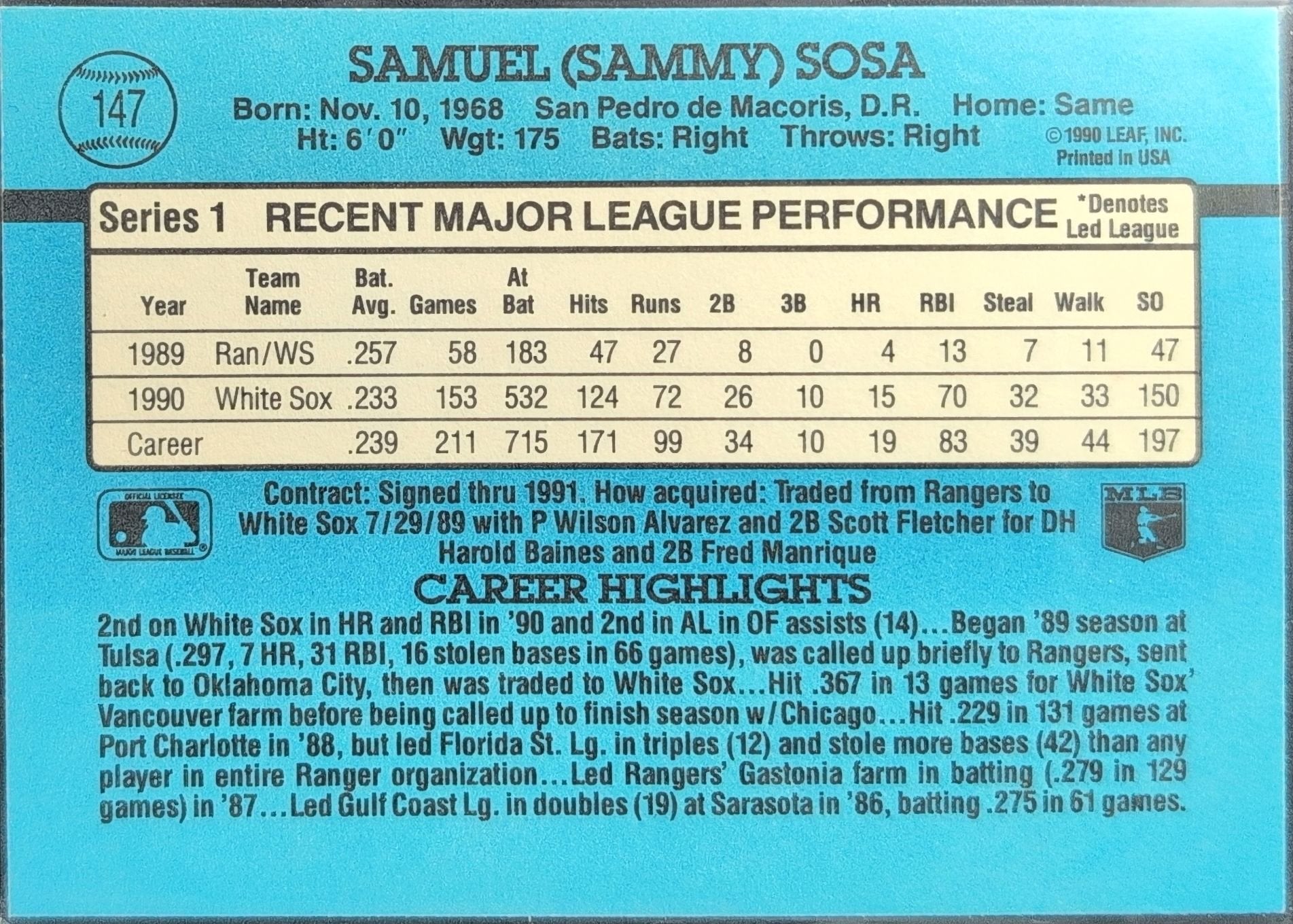 Sammy Sosa 1991 Donruss #147c Chicago White Sox - back image