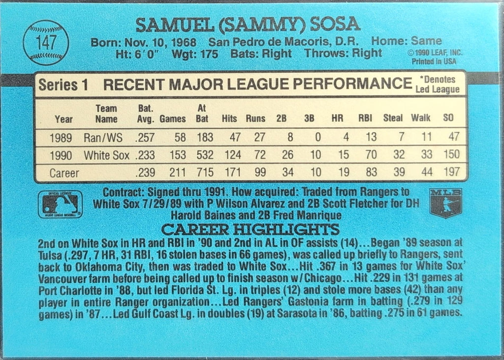 1991 Donruss Sammy Sosa #147c Chicago White Sox back