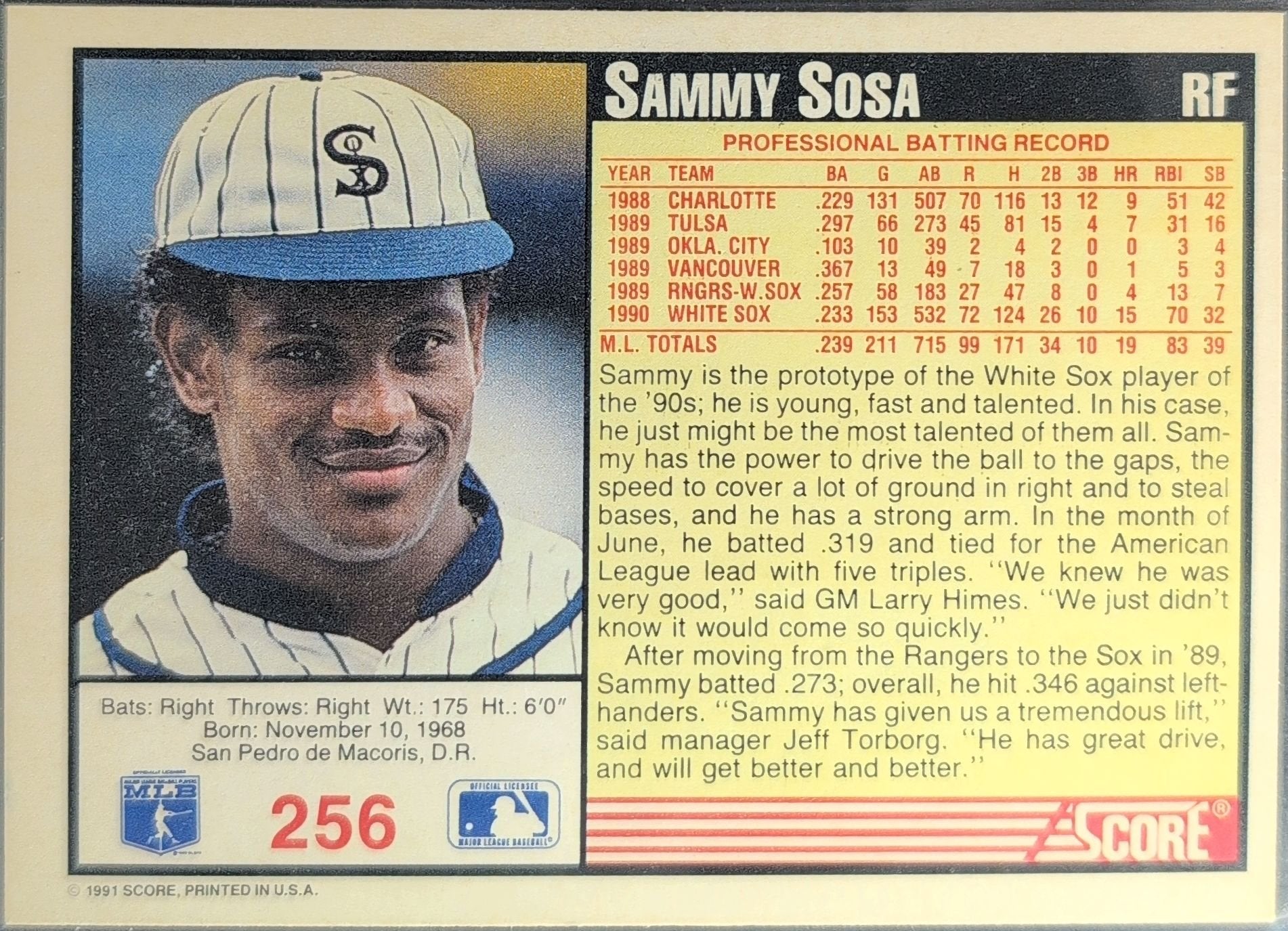 Sammy Sosa 1991 Score #256 Chicago White Sox - back image
