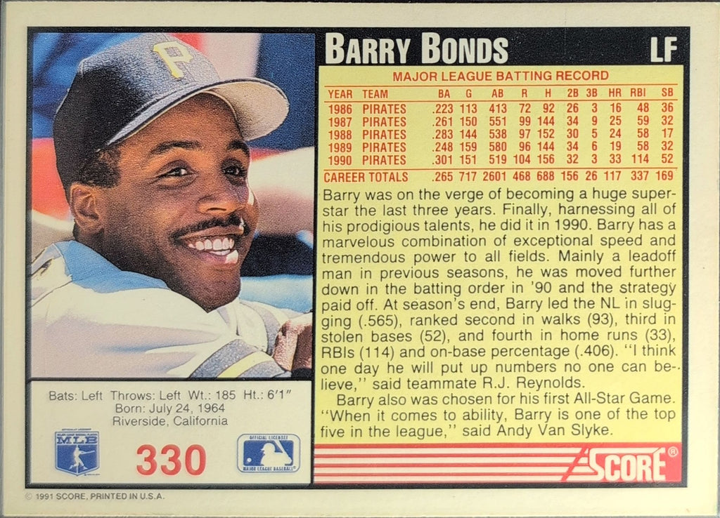 1991 Score Barry Bonds #330 Pittsburgh Pirates back