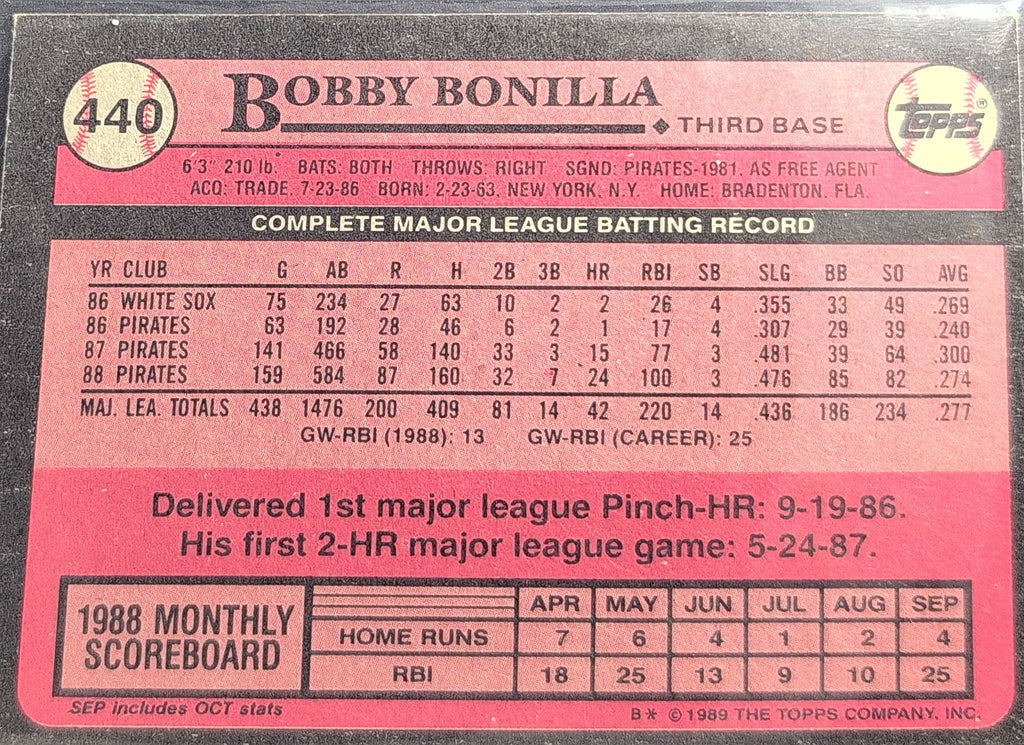 1989 Topps Bobby Bonilla #440 Pittsburgh Pirates back