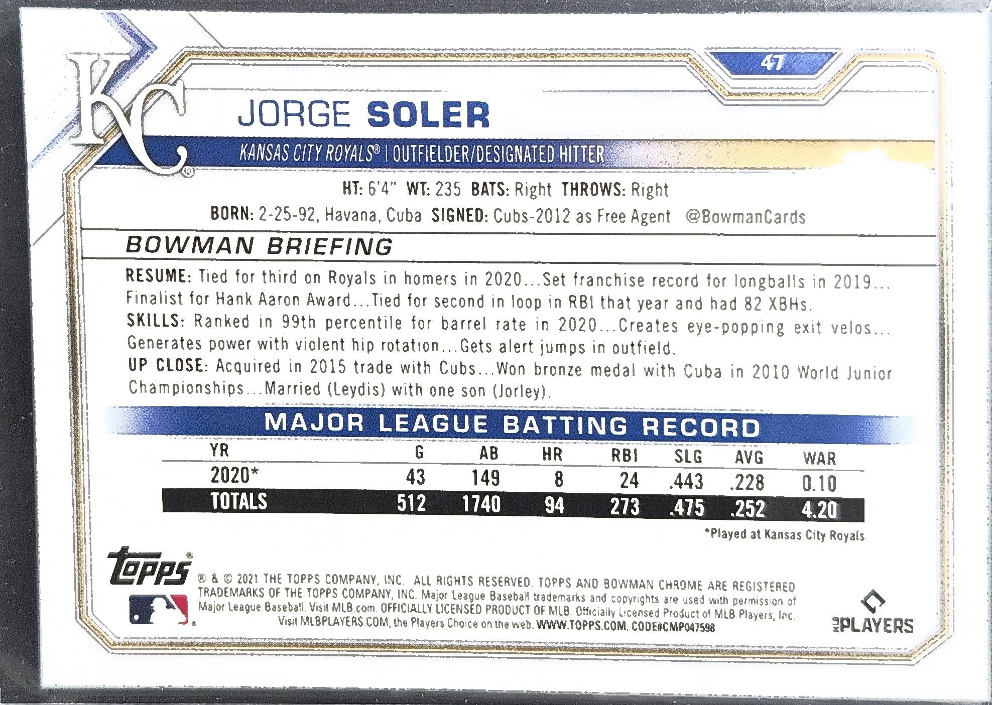 Jorge Soler 2021 Bowman Chrome #47 Kansas City Royals