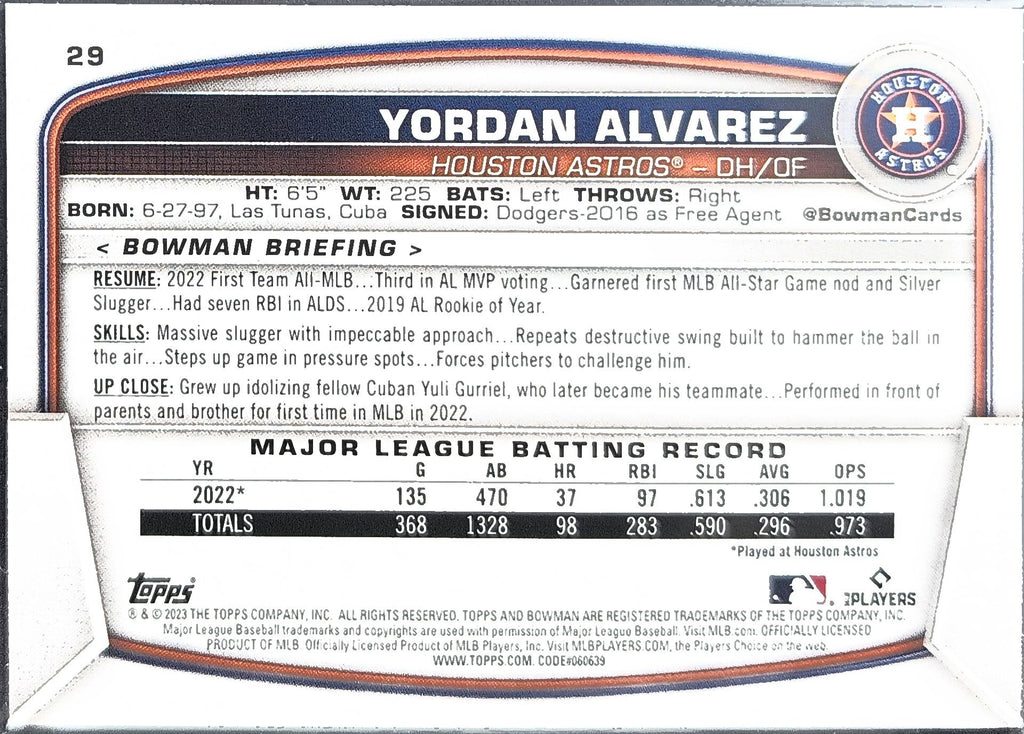 2023 Bowman Yordan Alvarez #29 Houston Astros back