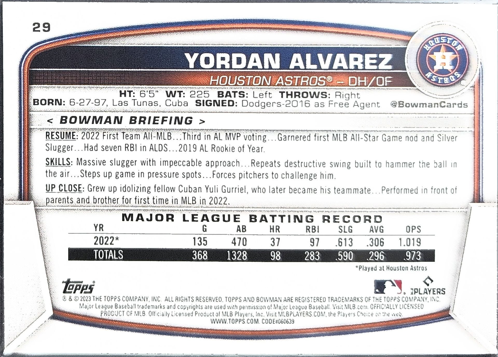 2023 Bowman Yordan Alvarez #29 Houston Astros back