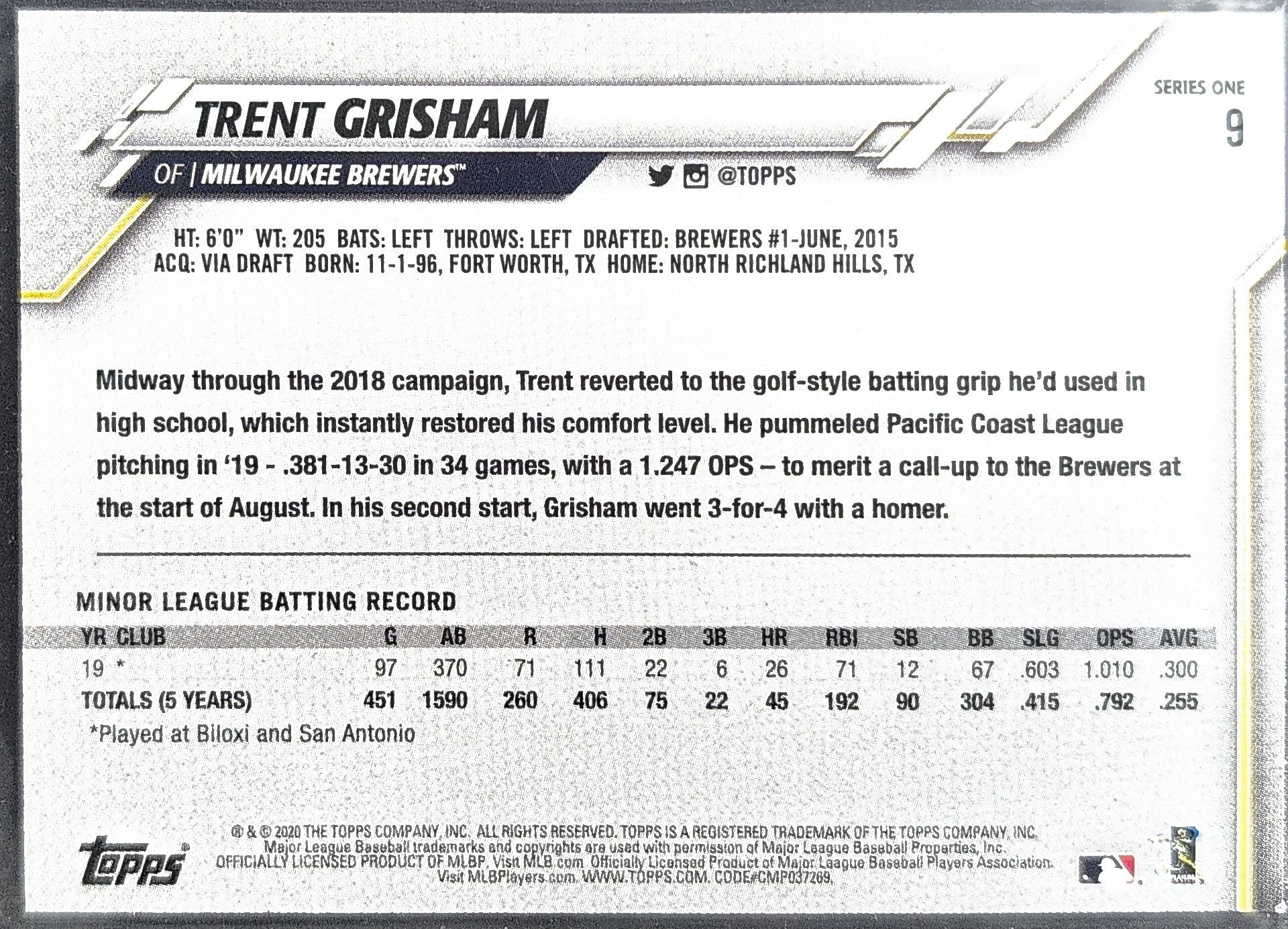 Trent Grisham 2020 Topps #9 Rookie RC Milwaukee Brewers - back image