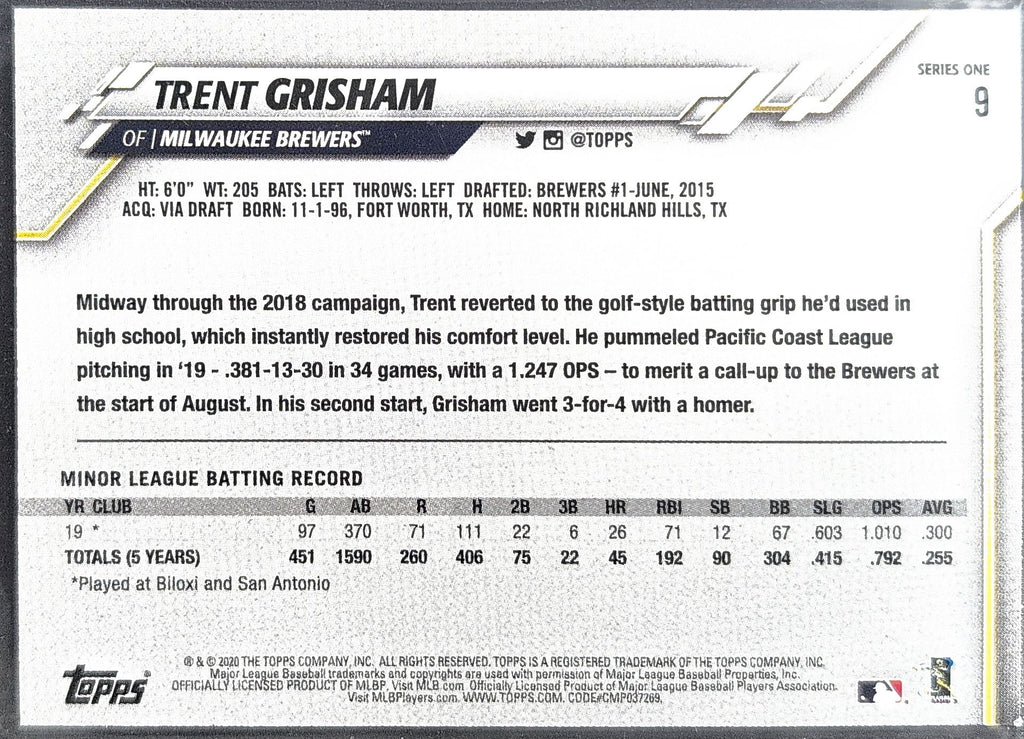 2020 Topps Trent Grisham #9 RC Milwaukee Brewers back