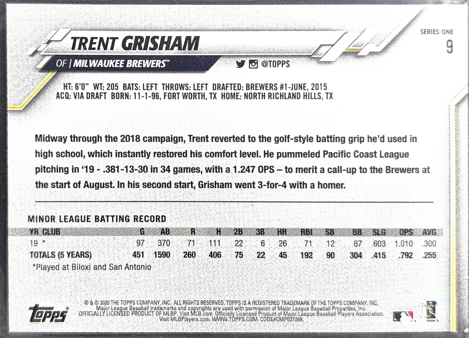 2020 Topps Trent Grisham #9 RC Milwaukee Brewers back