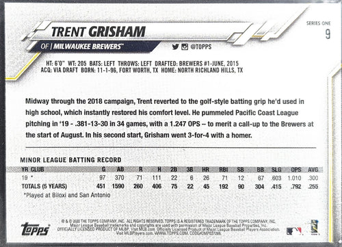 2020 Topps Trent Grisham #9 RC Milwaukee Brewers back