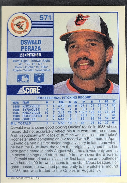 1989 Score Oswald Peraza #571 RC Baltimore Orioles back