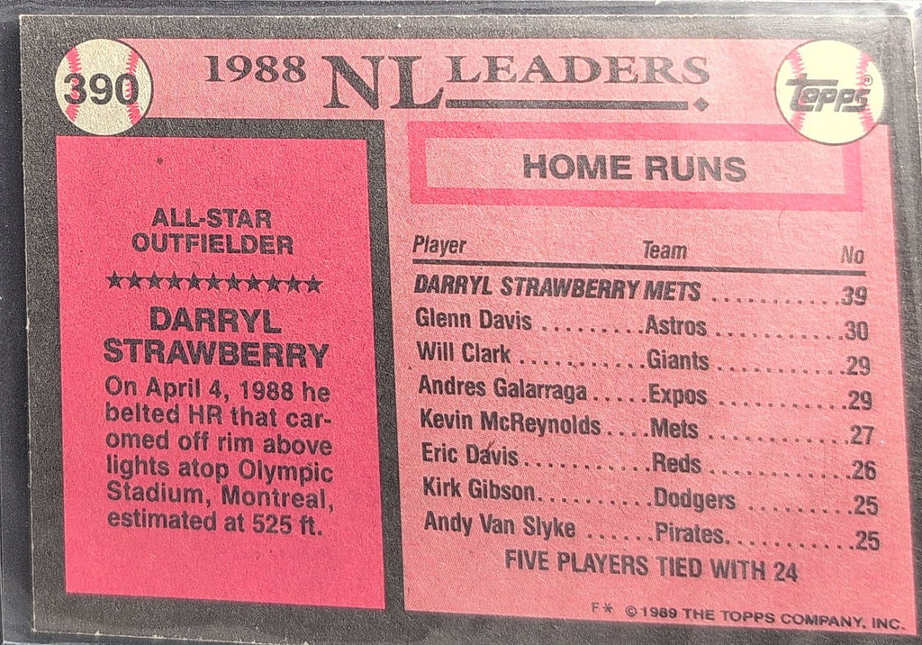 Darryl Strawberry 1989 Topps #390 New York Mets - back image