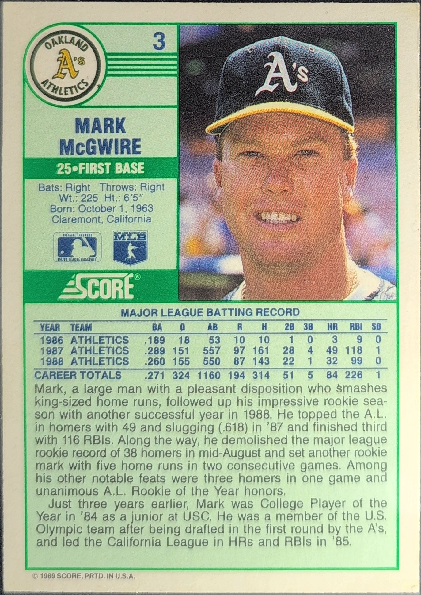 1989 Score Mark McGwire #3 Oakland Athletics back