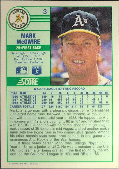1989 Score Mark McGwire #3 Oakland Athletics back