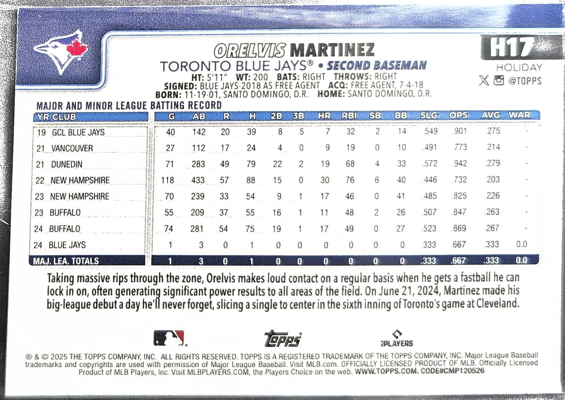 Orelvis Martinez 2025 Topps Holiday #H17 Rookie RC Toronto Blue Jays - back image